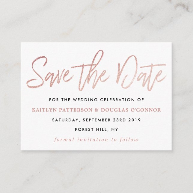 Modern Rose Gold Foil Script Save The Date Enclosure Card (Front)