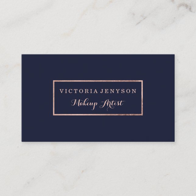 Modern rose gold frame navy blue Makeup artist Business Card (Front)