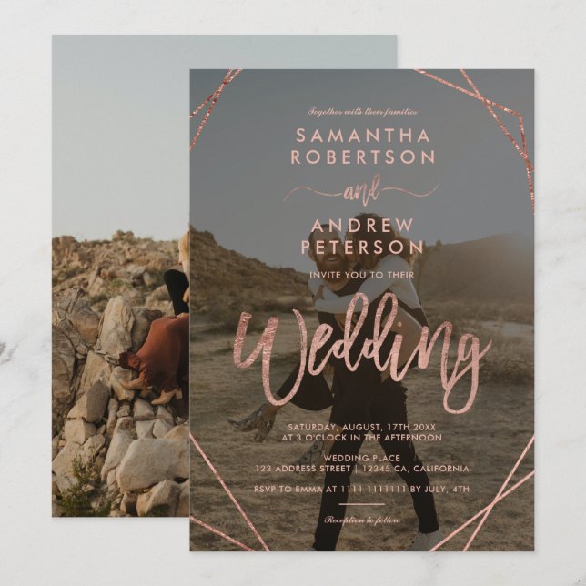 Modern rose gold frame simple photo script wedding invitation (Front/Back)