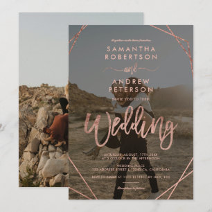 Modern rose gold frame simple photo script wedding invitation