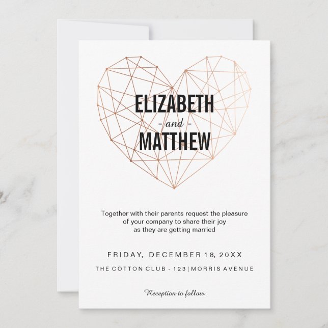 Modern rose gold geometric heart Wedding Invitation (Front)