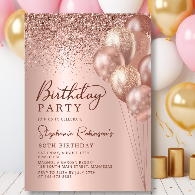 Modern Rose Gold Glitter Balloon 80th Birthday Invitation (Creator Uploaded)
