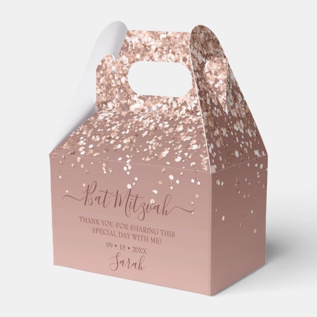 Modern Rose Gold Glitter Bat Mitzvah Favor Box (Front Side)