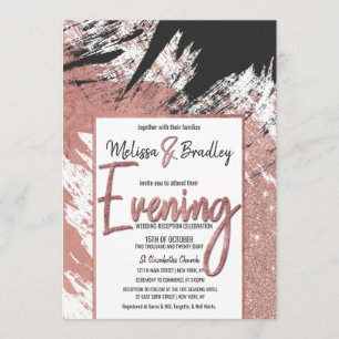 Modern Rose Gold Glitter Black Brushstroke Evening Invitation
