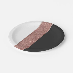 Modern Rose Gold Glitter Black White Colour Blocks Paper Plate
