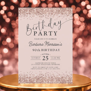 Modern Rose Gold Glitter Blush 90th Birthday Invitation