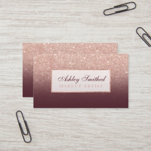 Modern rose gold glitter burgundy ombre makeup business card