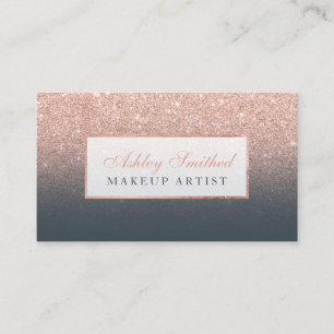Modern rose gold glitter charcoal ombre makeup business card