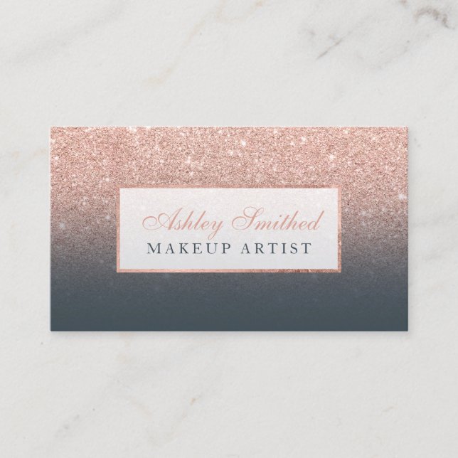 Modern rose gold glitter charcoal ombre makeup business card (Front)