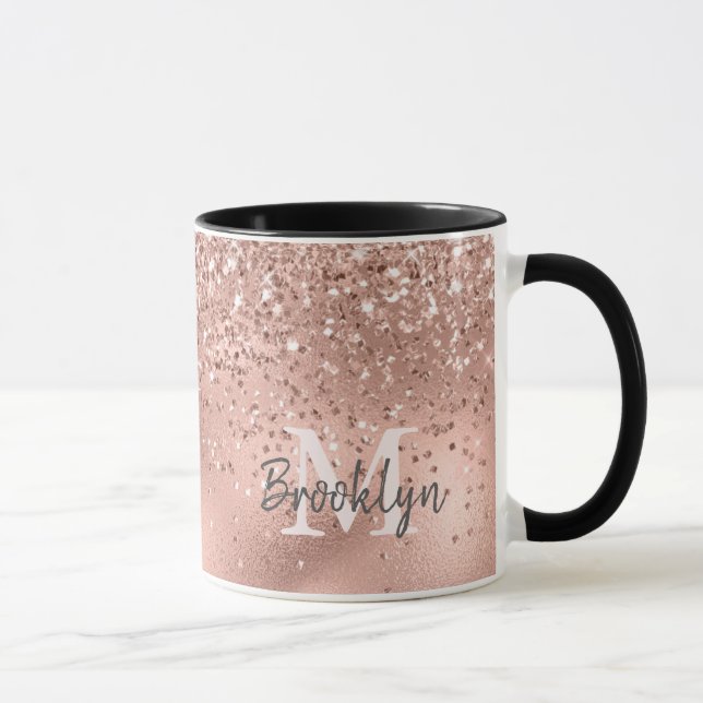 Modern Rose Gold Glitter Confetti Monogrammed Mug (Right)