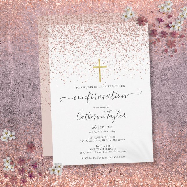 Modern Rose Gold Glitter Confirmation Invitation (Modern Rose Gold Glitter Confirmation Invitation)