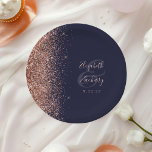 Modern Rose Gold Glitter Dark Blue Wedding Paper Plate<br><div class="desc">These elegant modern wedding plates feature a rose gold faux glitter edge. Easily customize the rose pink text on a dark blue background,  with the names of the bride and groom in whimsical handwriting calligraphy over a large charcoal grey ampersand.</div>