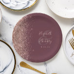 Modern Rose Gold Glitter Dark Burgundy Wedding Paper Plate<br><div class="desc">These elegant modern wedding plates feature a rose gold faux glitter edge. Easily customize the rose pink text on a dark burgundy background,  with the names of the bride and groom in whimsical handwriting calligraphy over a large ampersand.</div>