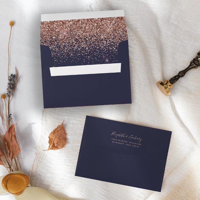 Modern Rose Gold Glitter Dark Navy Blue Wedding Envelope (Creator Uploaded)