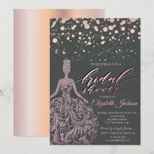 Modern Rose Gold Glitter Dress Dots Bridal Shower Invitation