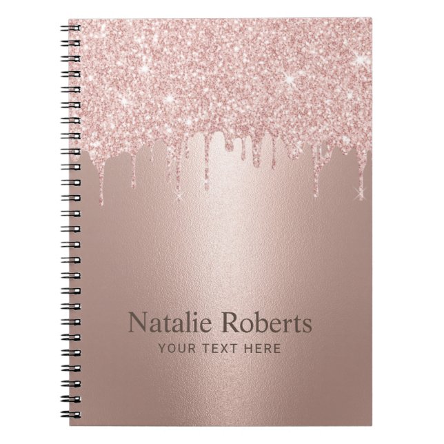 Modern Rose Gold Glitter Drips Beauty Salon Notebook (Front)
