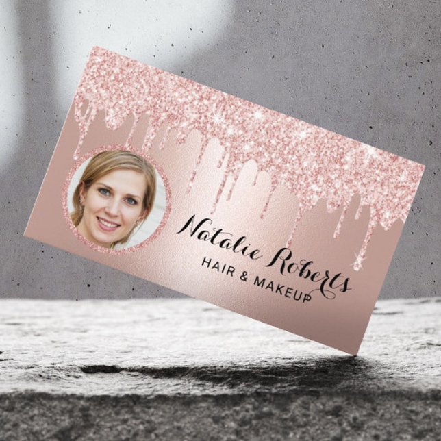 Modern Rose Gold Glitter Drips Beauty Salon Photo Business Card (Creator Uploaded)