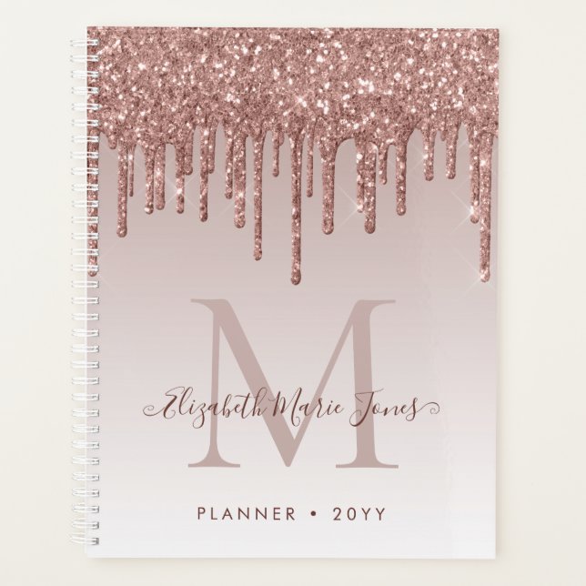 Modern Rose Gold Glitter Drips Elegant Monogram Planner (Front)