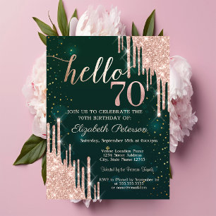 Modern Rose Gold Glitter Drips Green 70th Birthday Invitation