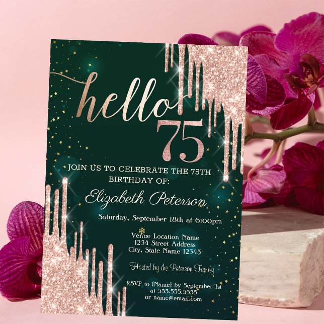 Modern Rose Gold Glitter Drips Green 75th Birthday Invitation (Creator Uploaded)