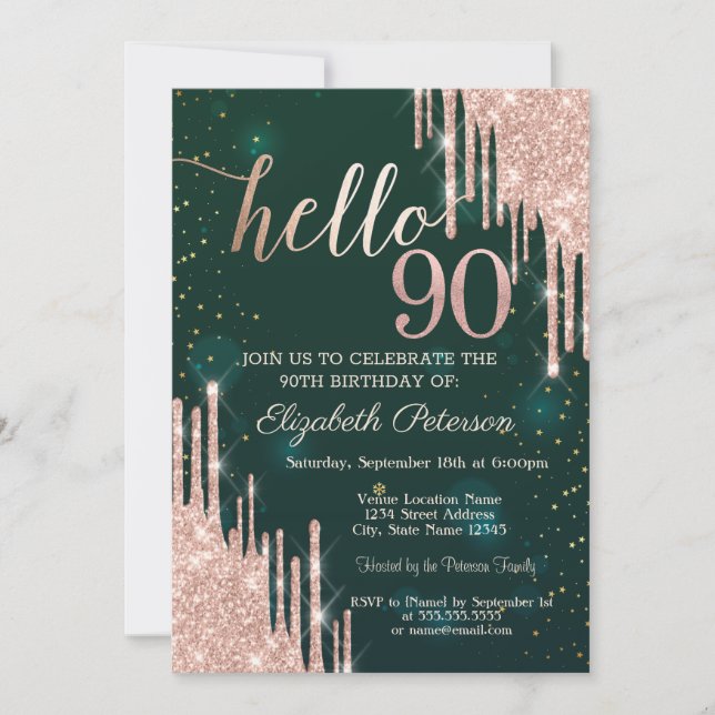 Modern Rose Gold Glitter Drips Green 90th Birthday Invitation (Front)