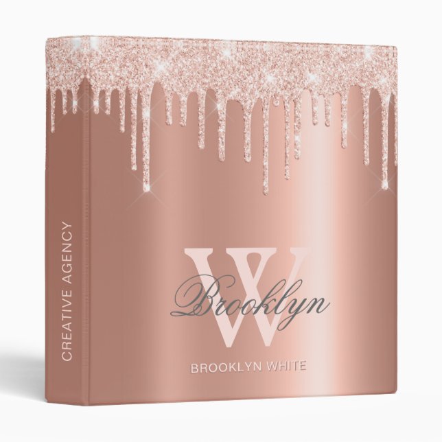 Modern Rose Gold Glitter Drips Monogrammed Office  Binder (Front/Spine)