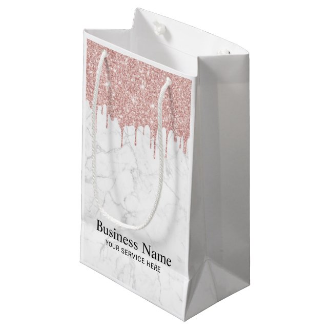 Modern Rose Gold Glitter Drips Trendy Marble Small Gift Bag (Front Angled)