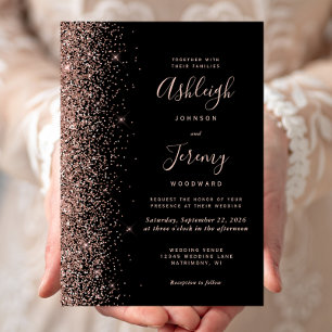 Modern Rose Gold Glitter Edge Black Wedding Invitation