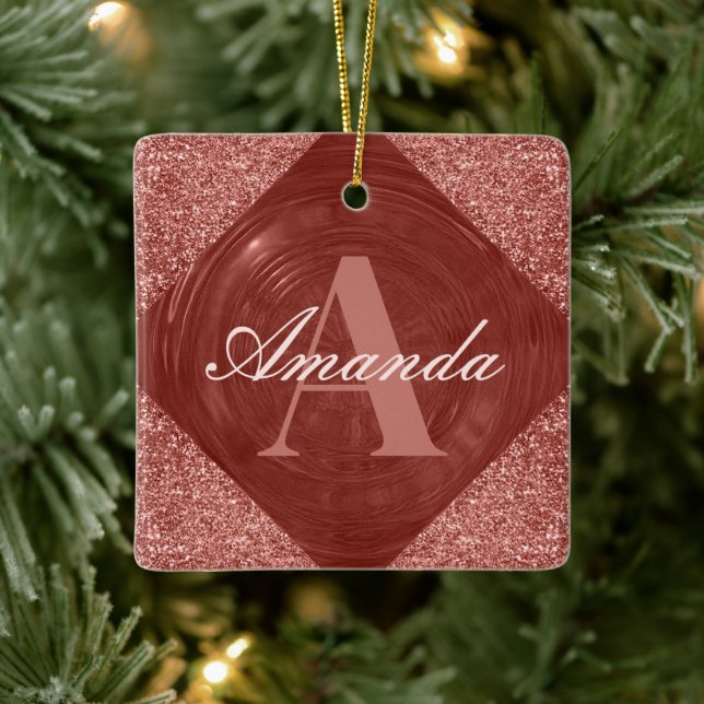 Modern Rose Gold Glitter Girly Monogram Ceramic Ornament (Tree)