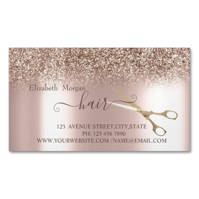 Modern Rose Gold Glitter ,Gold Scissors Hair Magnetic Business Card (Front)