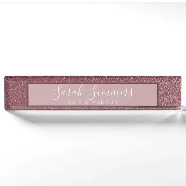 Modern Rose Gold Glitter Hair Salon Makeup Artist Nameplate (Front)
