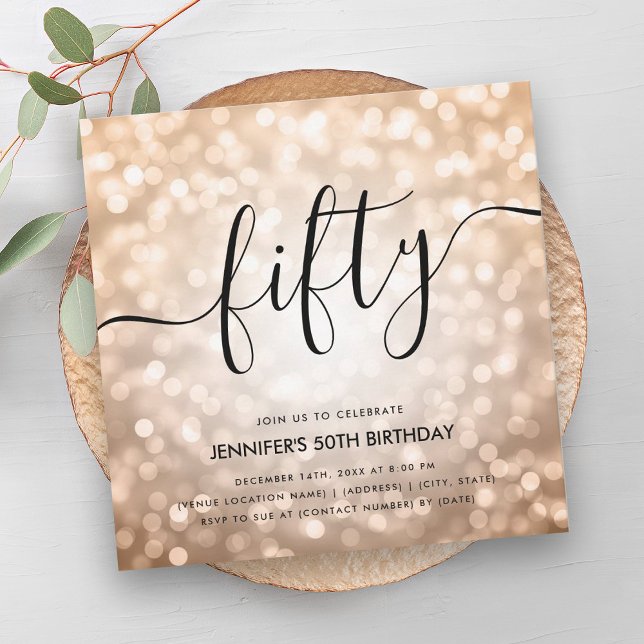 Modern Rose Gold Glitter Lights 50th Birthday  Invitation (Modern Rose Gold Glitter Lights 50th Birthday Invitation)