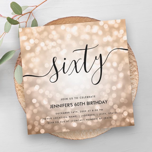 Modern Rose Gold Glitter Lights 60th Birthday  Invitation (Modern Rose Gold Glitter Lights 60th Birthday Invitation)