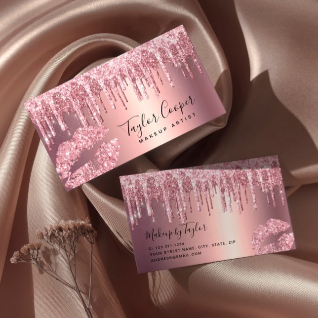 Modern rose gold glitter lips makeup artist  business card (Creator Uploaded)