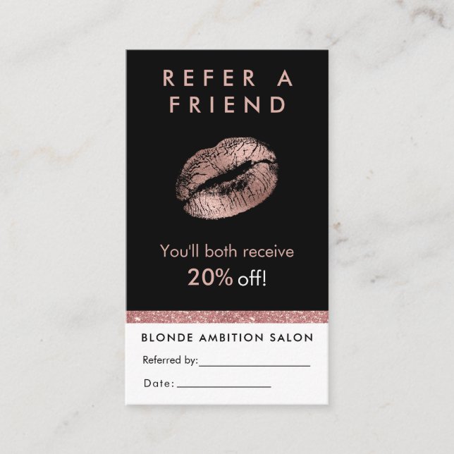 Modern Rose Gold Glitter Lips  Salon Referral Card (Front)