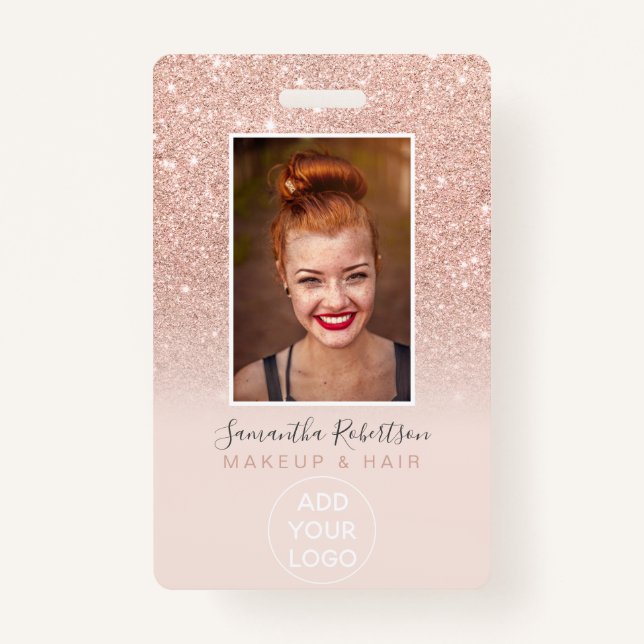 Modern rose gold glitter logo employee photo pass badge (Front)