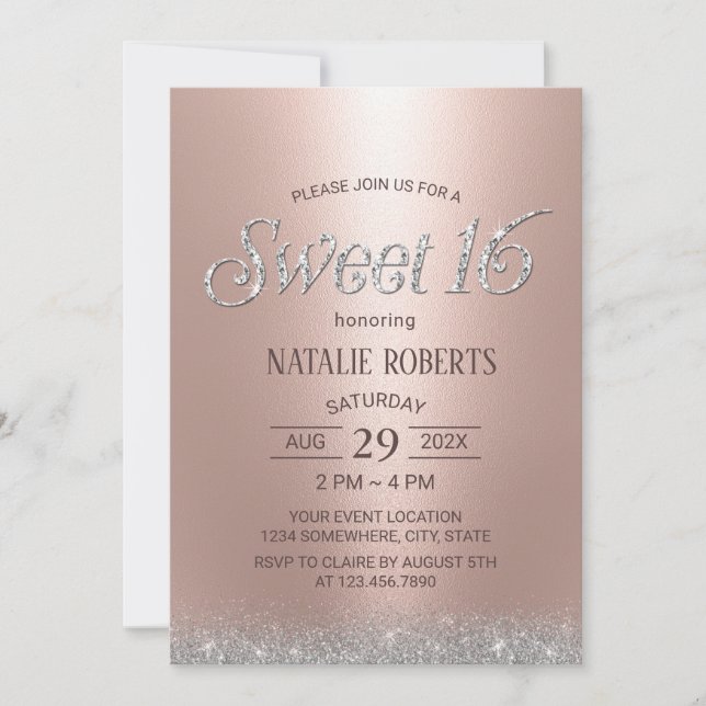 Modern Rose Gold Glitter Luxury Sweet 16 Birthday Invitation (Front)