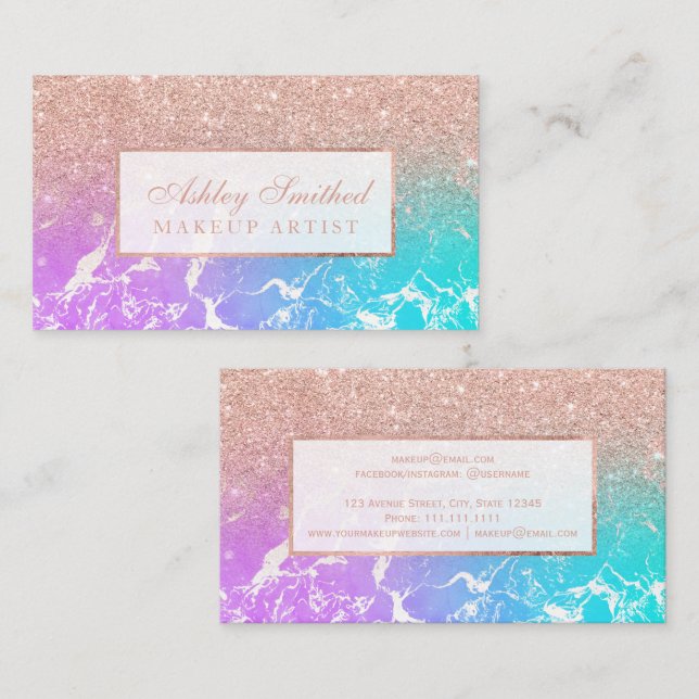Modern rose gold glitter mermaid marble makeup business card (Front/Back)