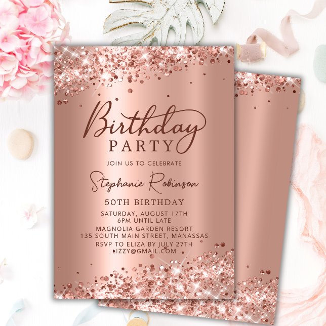 Modern Rose Gold Glitter Metal Foil 50th Birthday Invitation (Creator Uploaded)