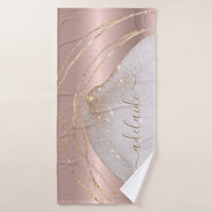 Modern Rose Gold Glitter Monogram Chic Script Name Bath Towel