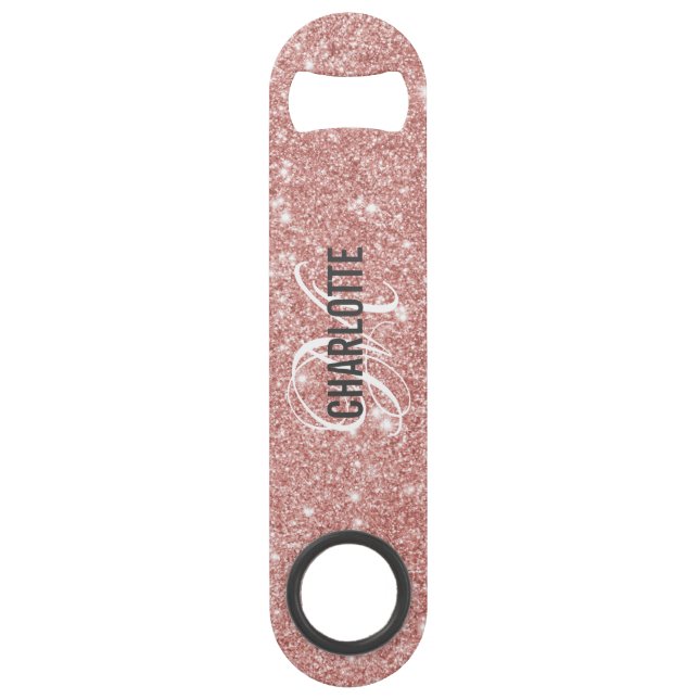 Modern rose gold glitter monogram name bar key (Front)