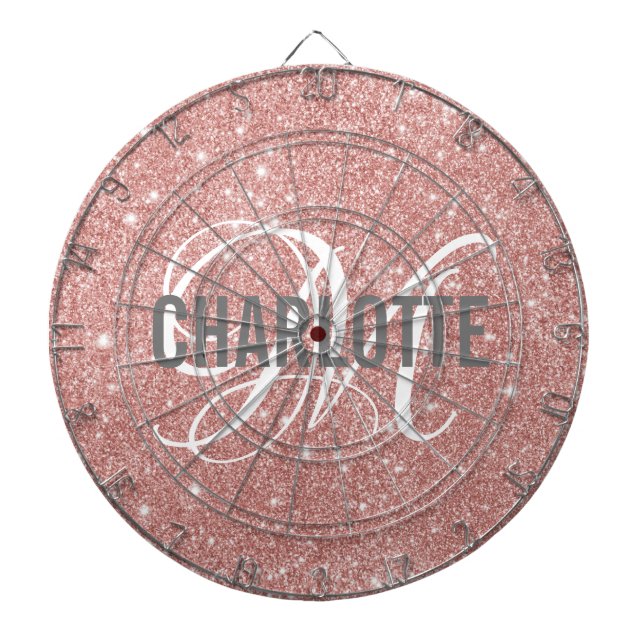 Modern rose gold glitter monogram name dart board (Front)