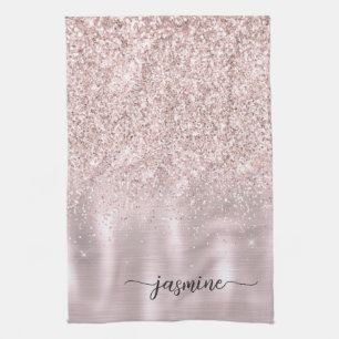 Modern Rose Gold Glitter Monogram Name Script Kitc Kitchen Towel