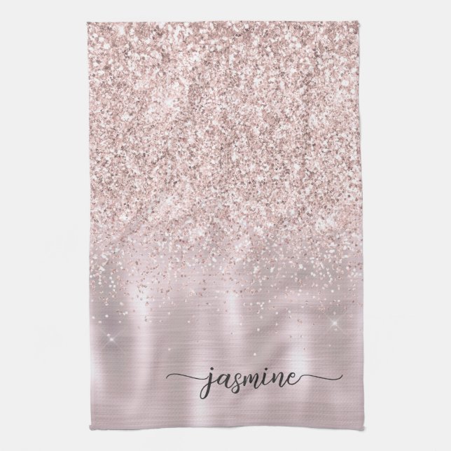 Modern Rose Gold Glitter Monogram Name Script Kitc Kitchen Towel (Vertical)