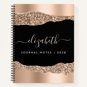 Modern Rose Gold Glitter Monogrammed Black Notebook