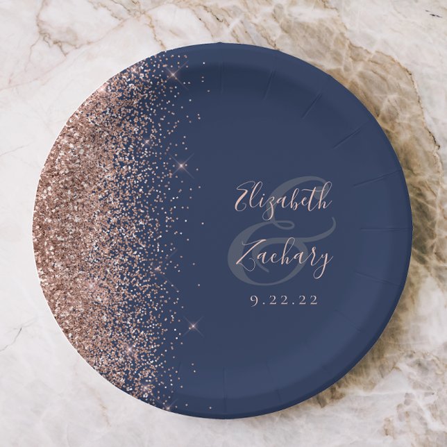 Modern Rose Gold Glitter Navy Blue Wedding Paper Plate (Creator Uploaded)