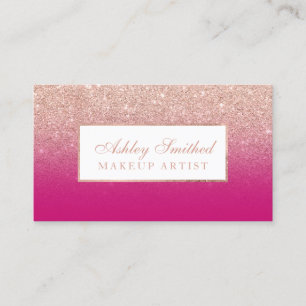 Modern rose gold glitter neon pink ombre makeup business card