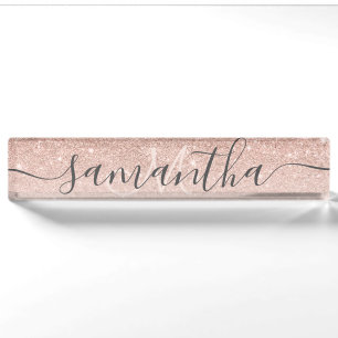 Modern rose gold glitter ombre blush monogram nameplate
