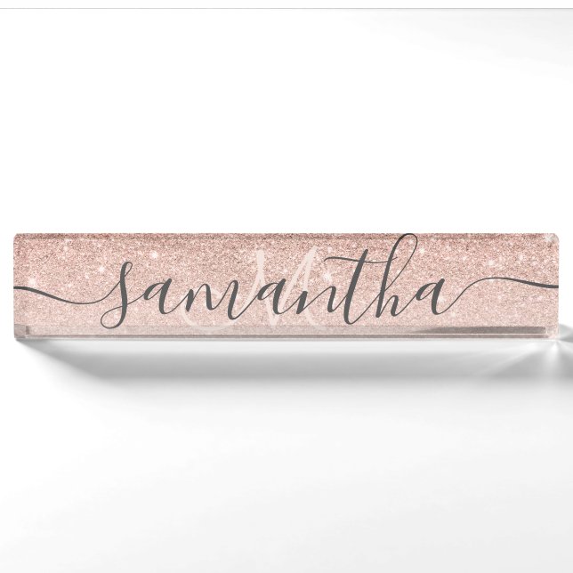 Modern rose gold glitter ombre blush monogram nameplate (Front)