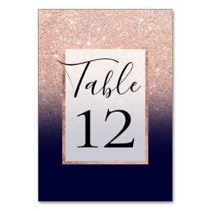Modern rose gold glitter ombre gradient navy blue table number